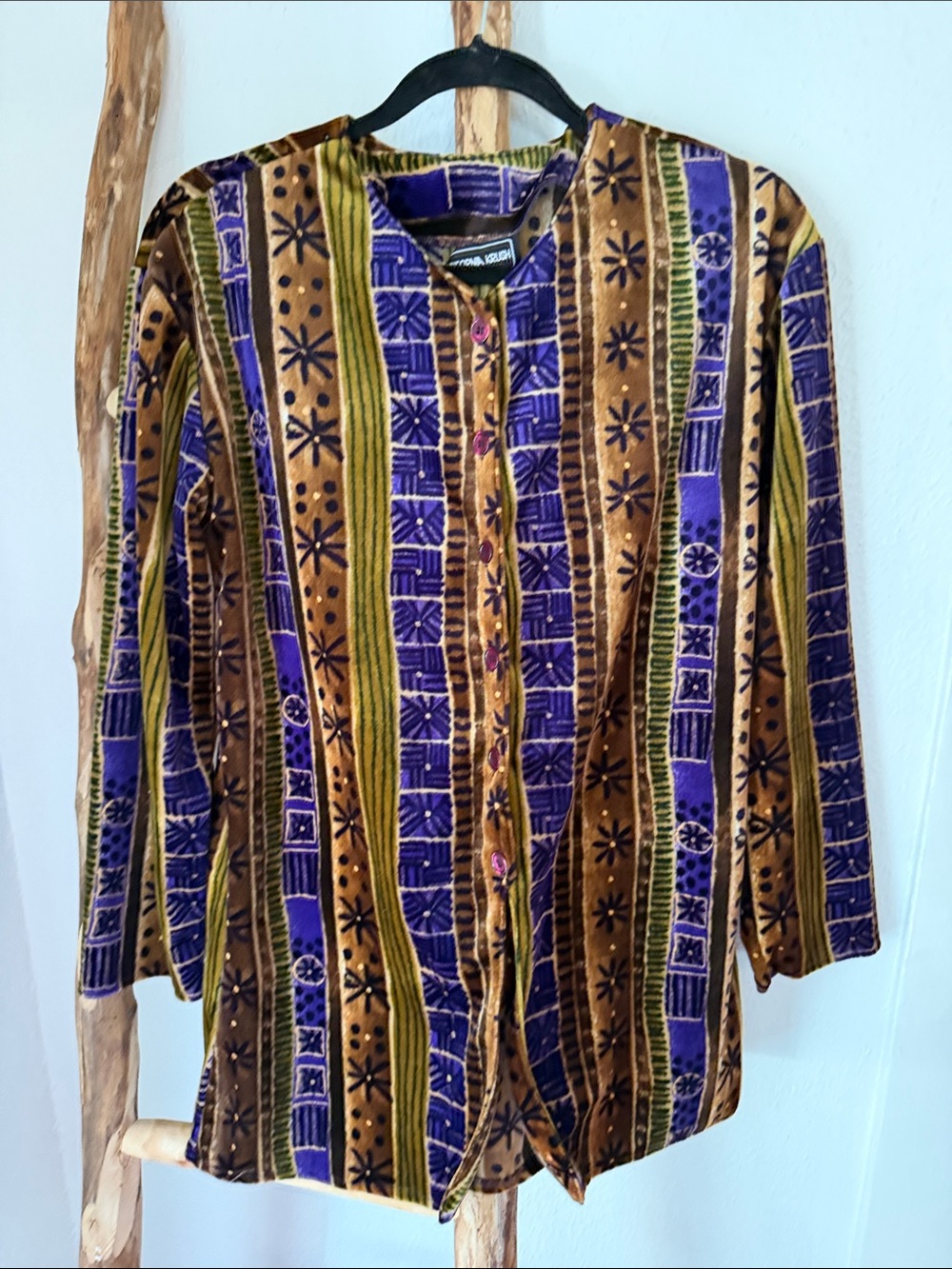 Vintage Patterned Velvet Velour Button-Down Shirt in Purple and Brown large